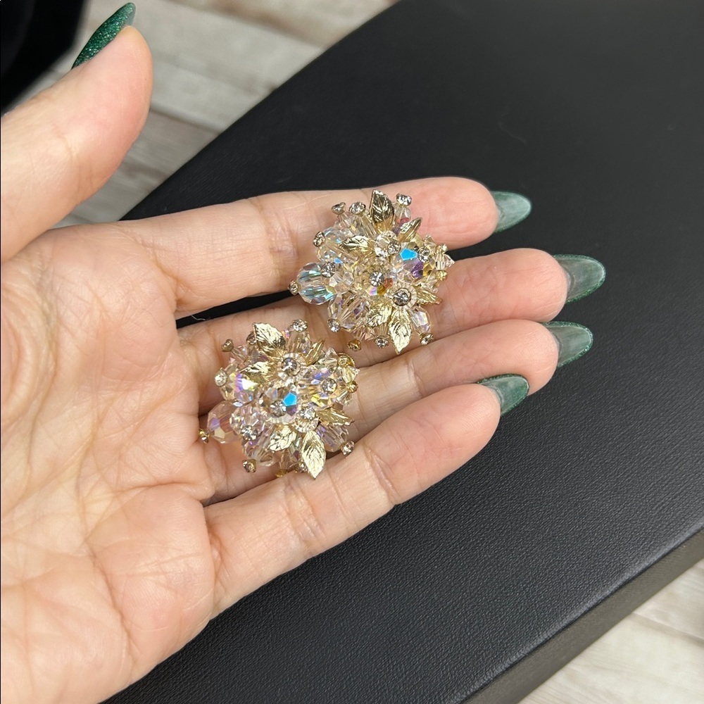 Vendome Vintage Crystal Aurora Borealis Clip On Earrings